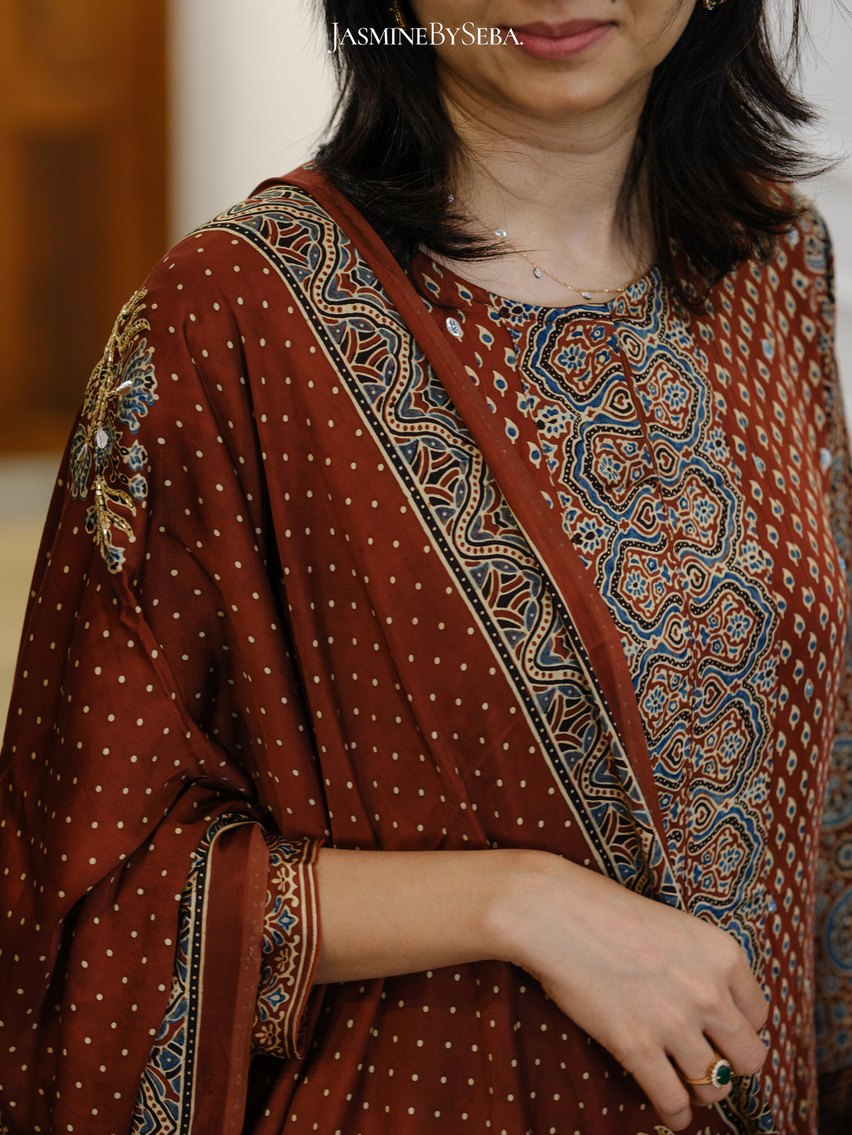 Bespoke ‘Jasmine’ hand block printed Ajrakh handcrafted modal silk panel cut salwar set with cut bead handwork