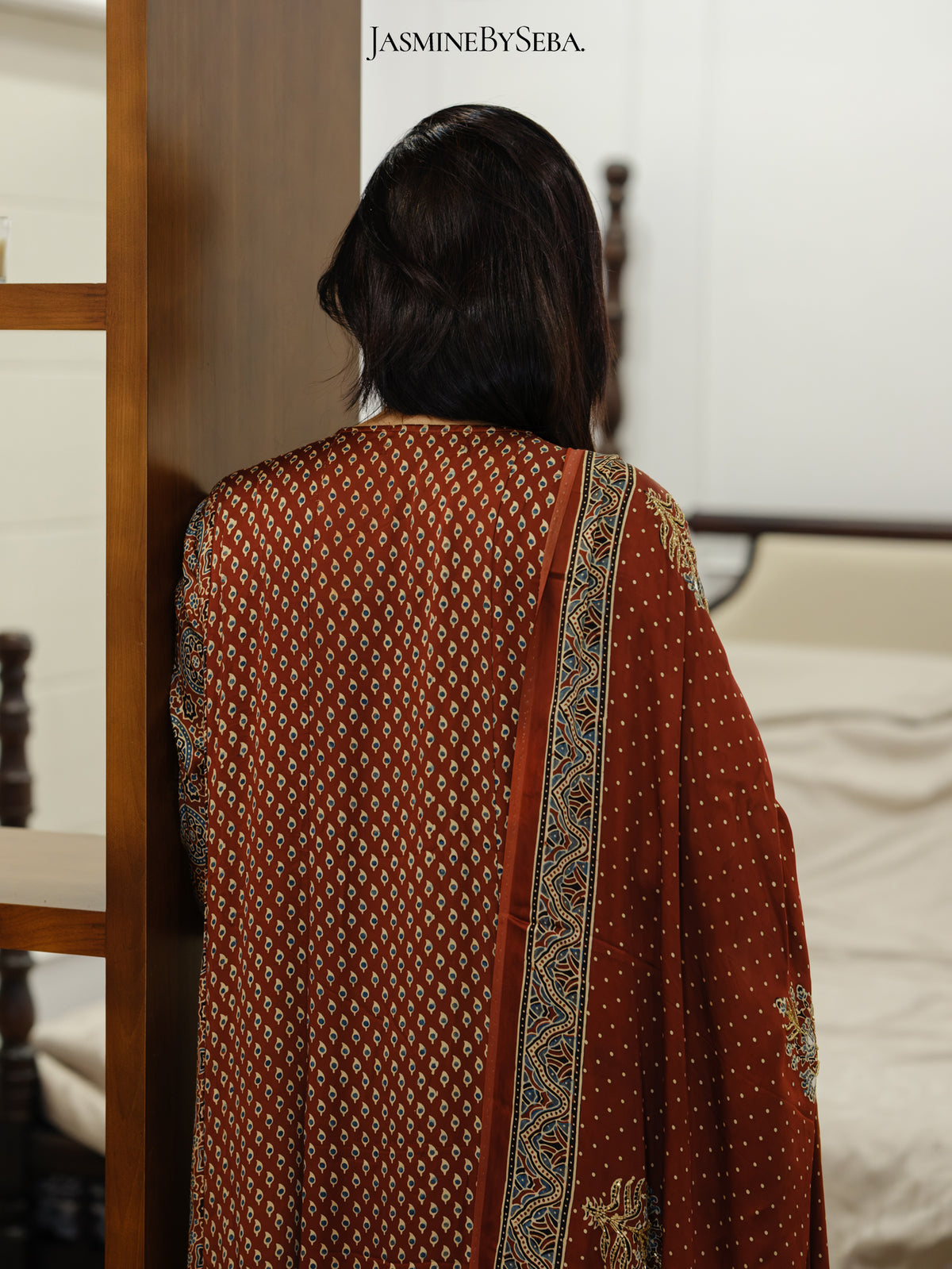Bespoke ‘Jasmine’ hand block printed Ajrakh handcrafted modal silk panel cut salwar set with cut bead handwork