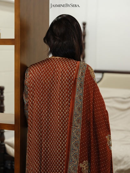 Bespoke ‘Jasmine’ hand block printed Ajrakh handcrafted modal silk panel cut salwar set with cut bead handwork