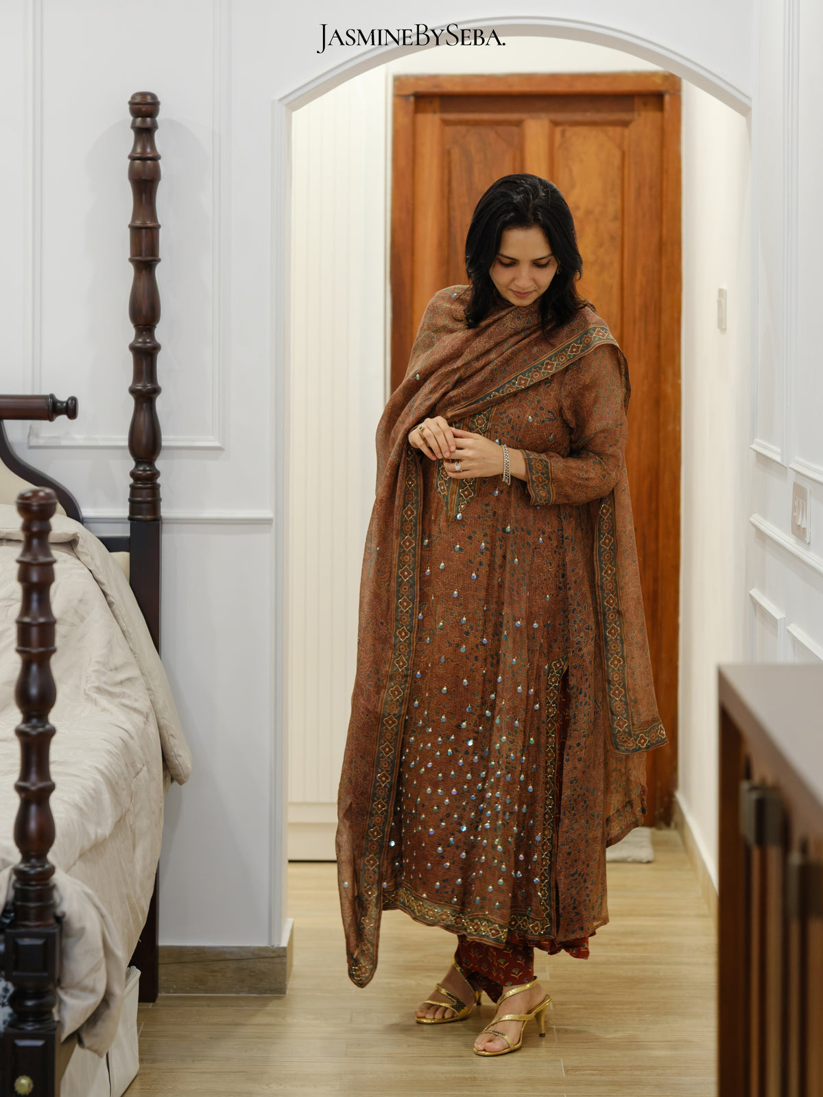 Ajrakh hand dyed hand block printed kota silk jacket set with cut bead handwork