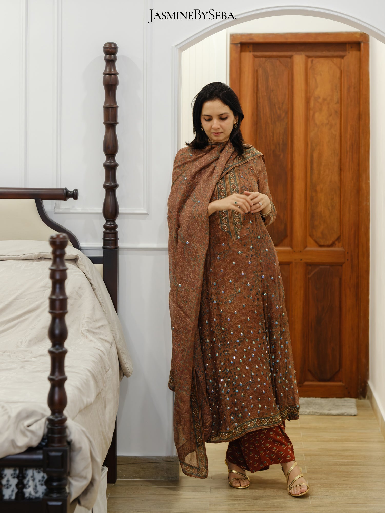 Ajrakh hand dyed hand block printed kota silk jacket set with cut bead handwork
