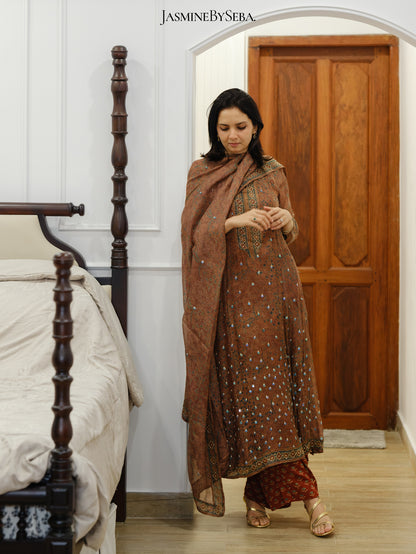 Ajrakh hand dyed hand block printed kota silk jacket set with cut bead handwork