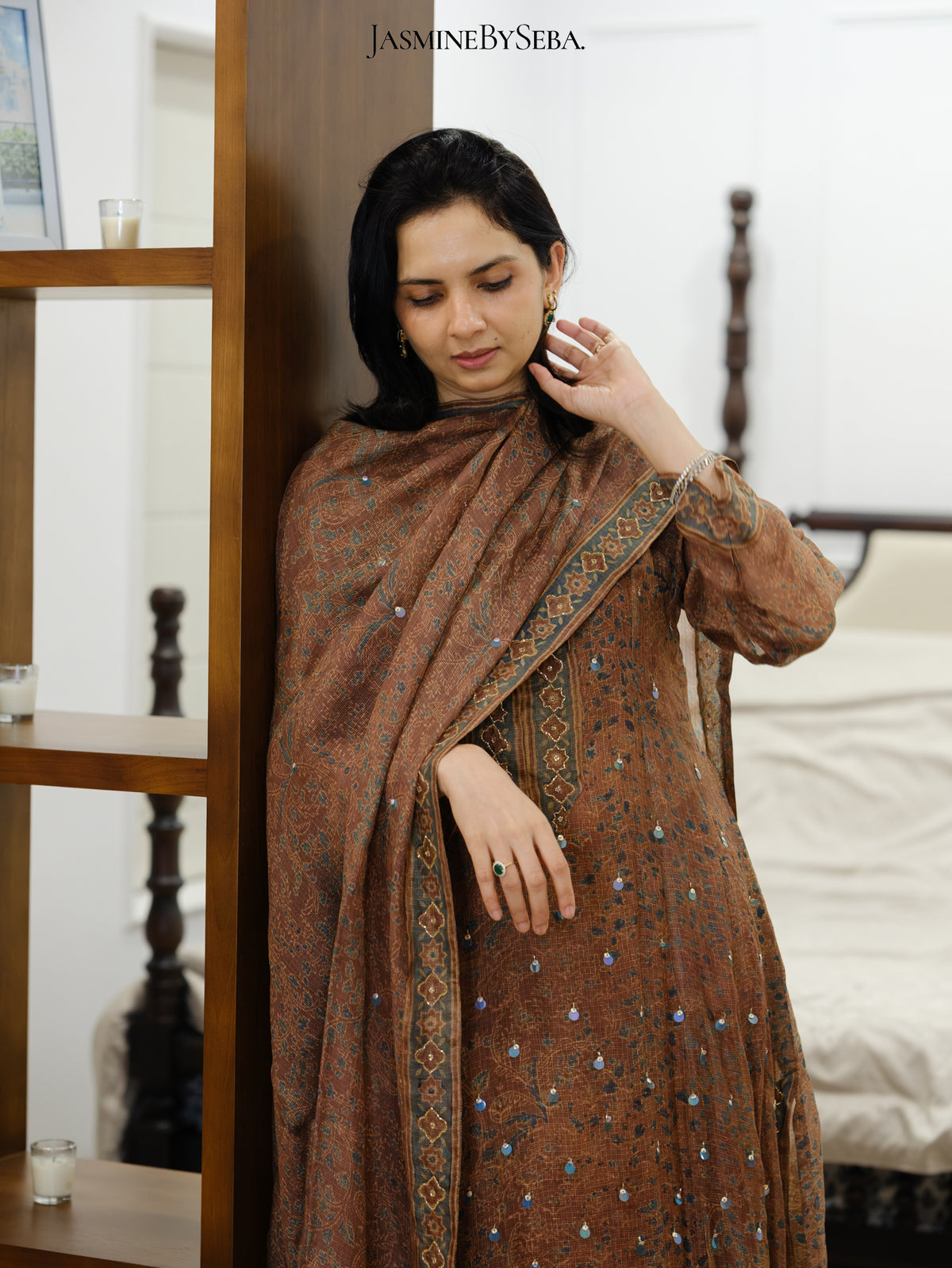 Ajrakh hand dyed hand block printed kota silk jacket set with cut bead handwork