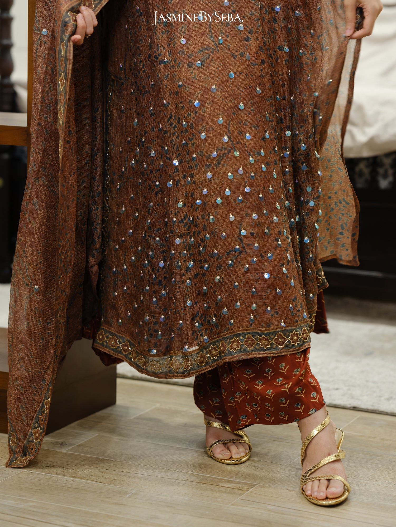 Ajrakh hand dyed hand block printed kota silk jacket set with cut bead handwork