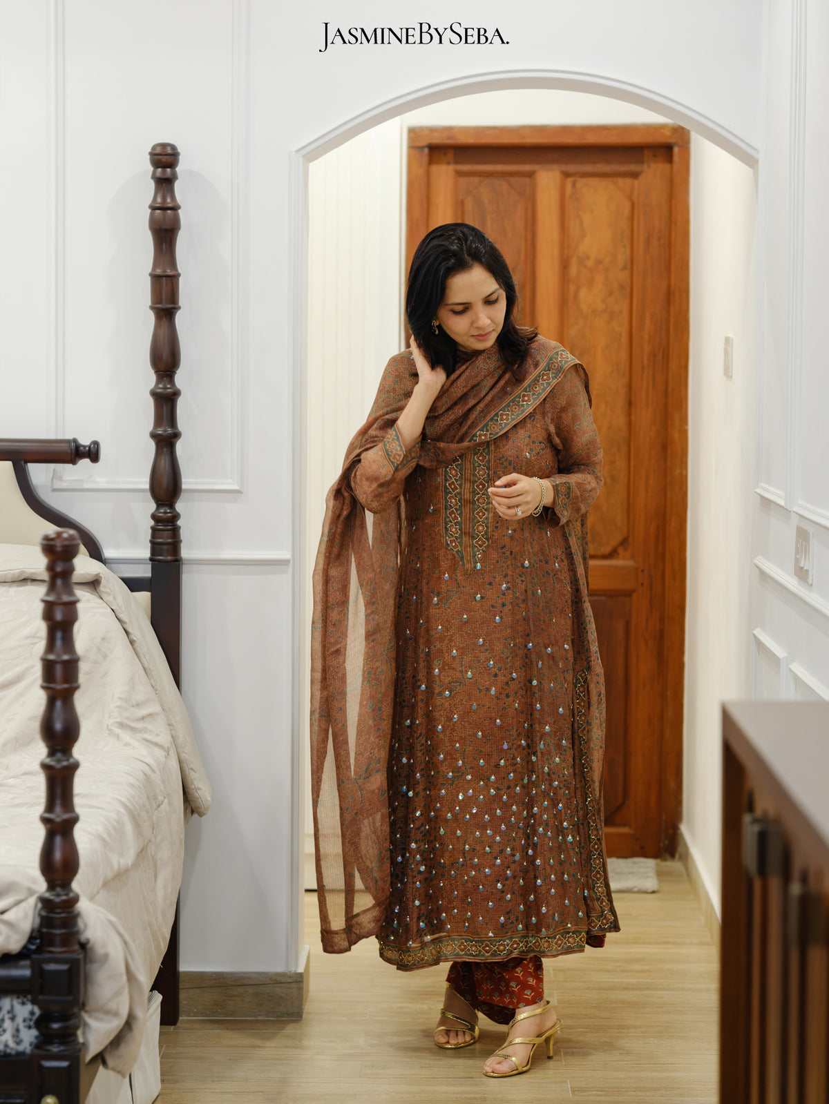Ajrakh hand dyed hand block printed kota silk jacket set with cut bead handwork