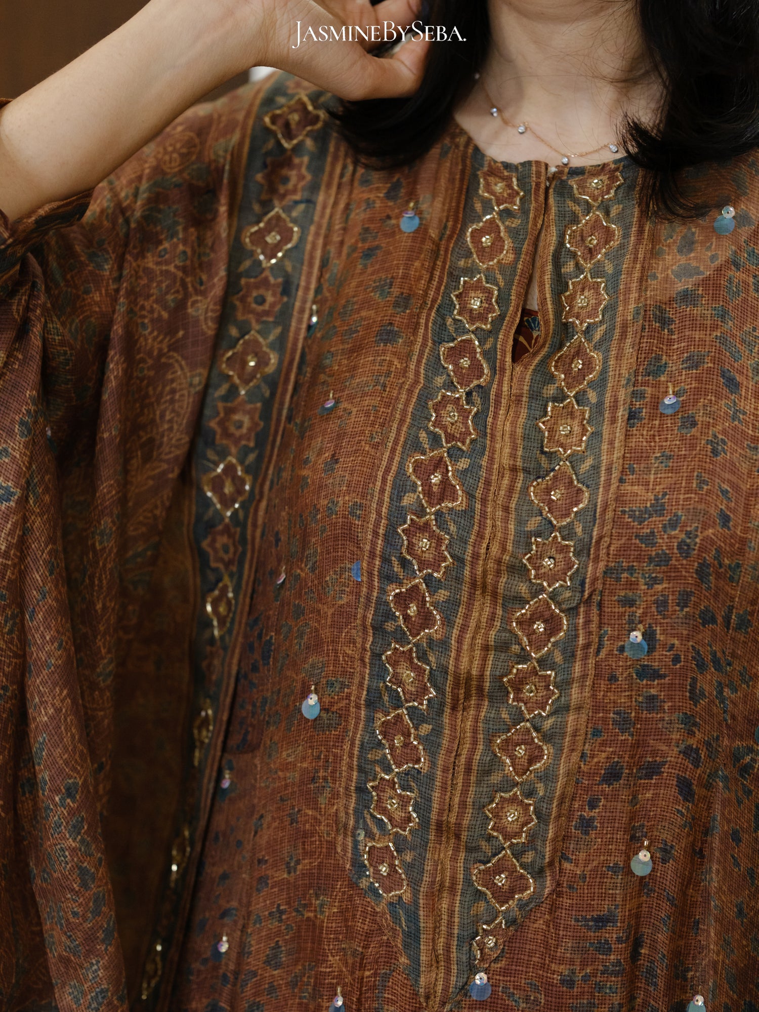 Ajrakh hand dyed hand block printed kota silk jacket set with cut bead handwork