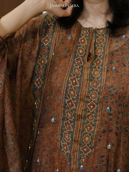 Ajrakh hand dyed hand block printed kota silk jacket set with cut bead handwork