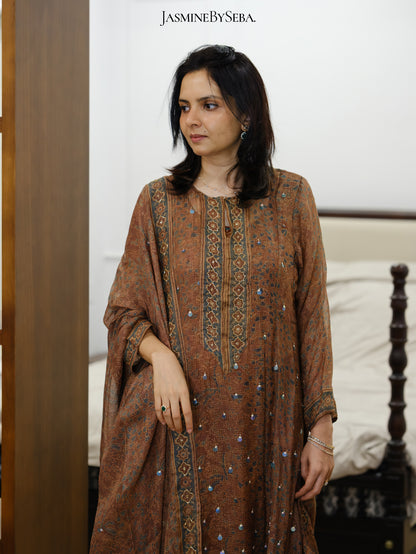 Ajrakh hand dyed hand block printed kota silk jacket set with cut bead handwork
