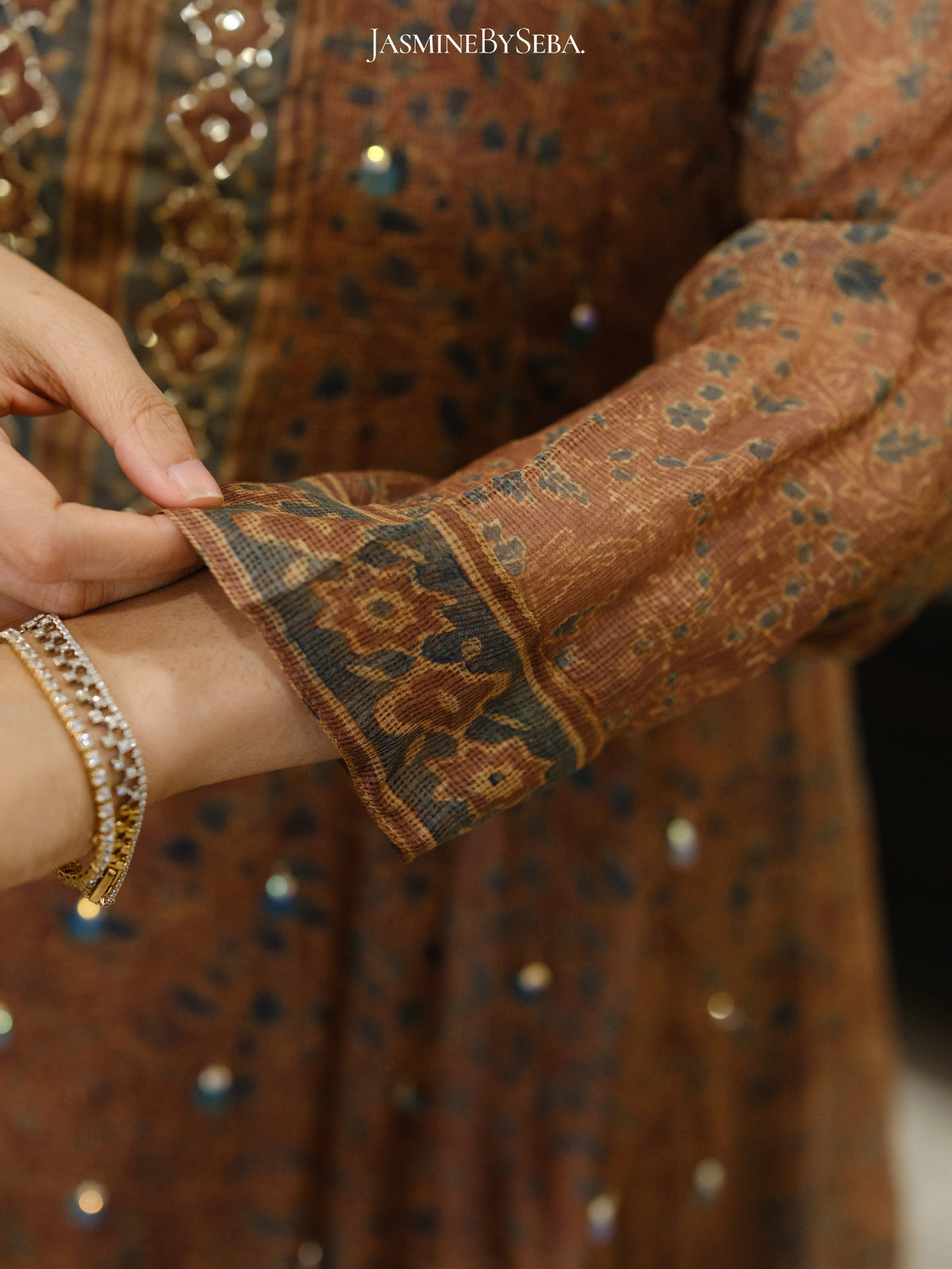 Ajrakh hand dyed hand block printed kota silk jacket set with cut bead handwork