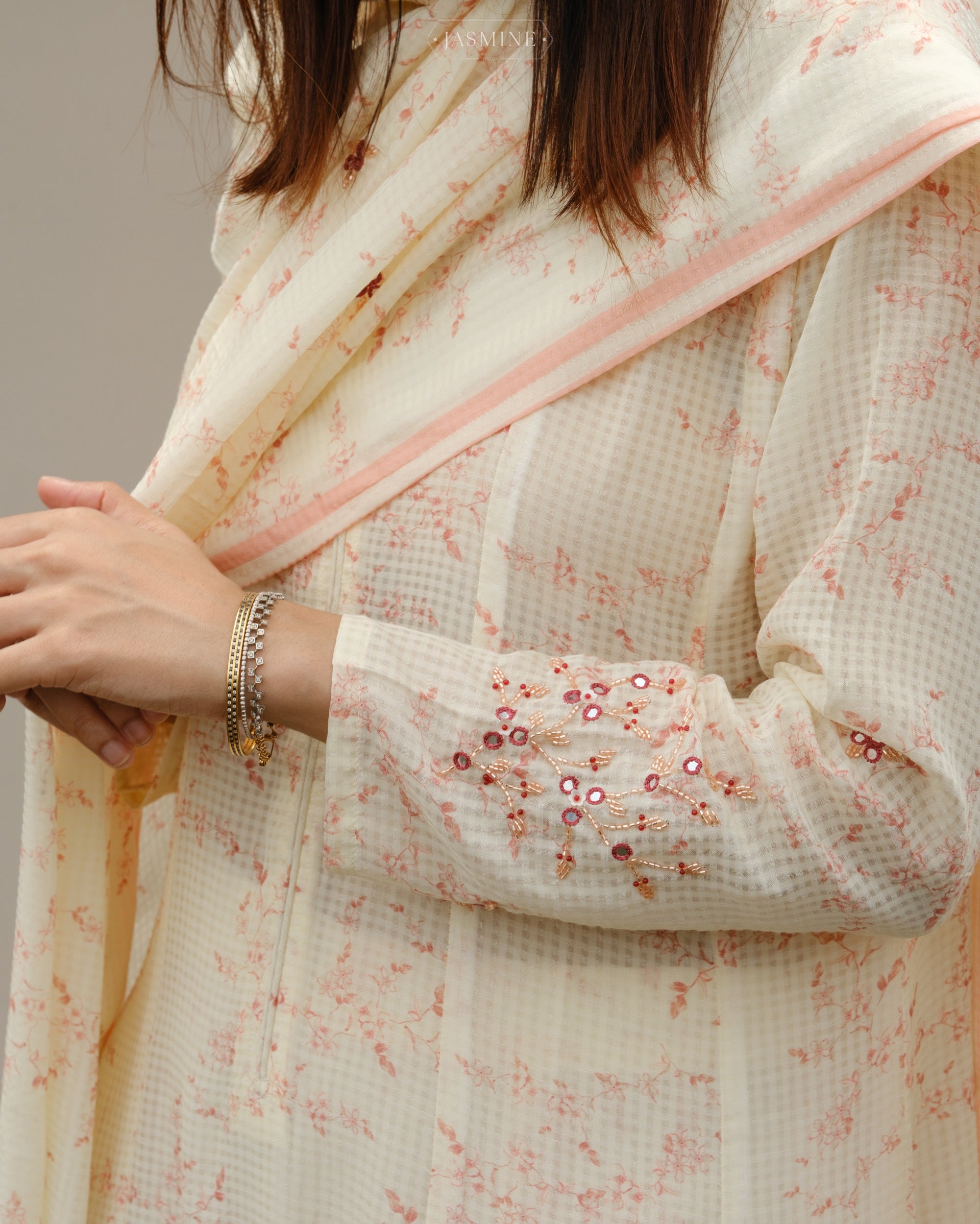 Jasmine in-house printed A line set in checkered voile with cut bead handwork