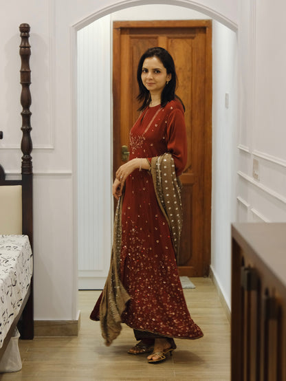 Ajrakh hand dyed hand block printed modal silk panel cut salwar set with cut bead handwork
