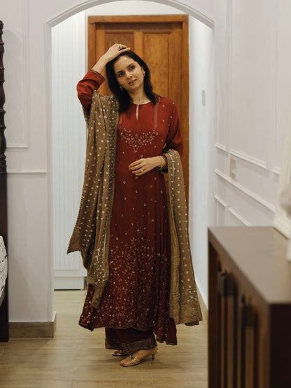 Ajrakh hand dyed hand block printed modal silk panel cut salwar set with cut bead handwork