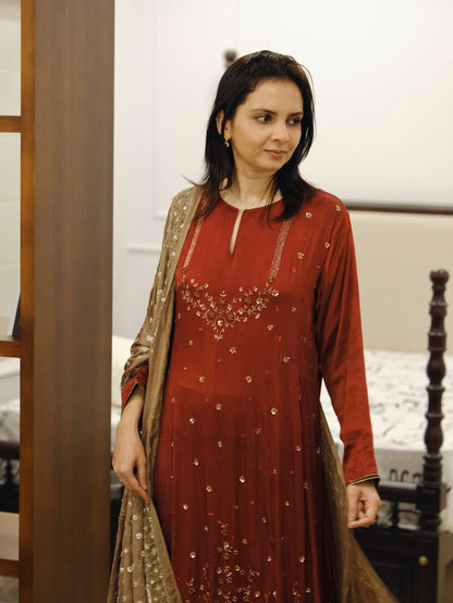 Ajrakh hand dyed hand block printed modal silk panel cut salwar set with cut bead handwork