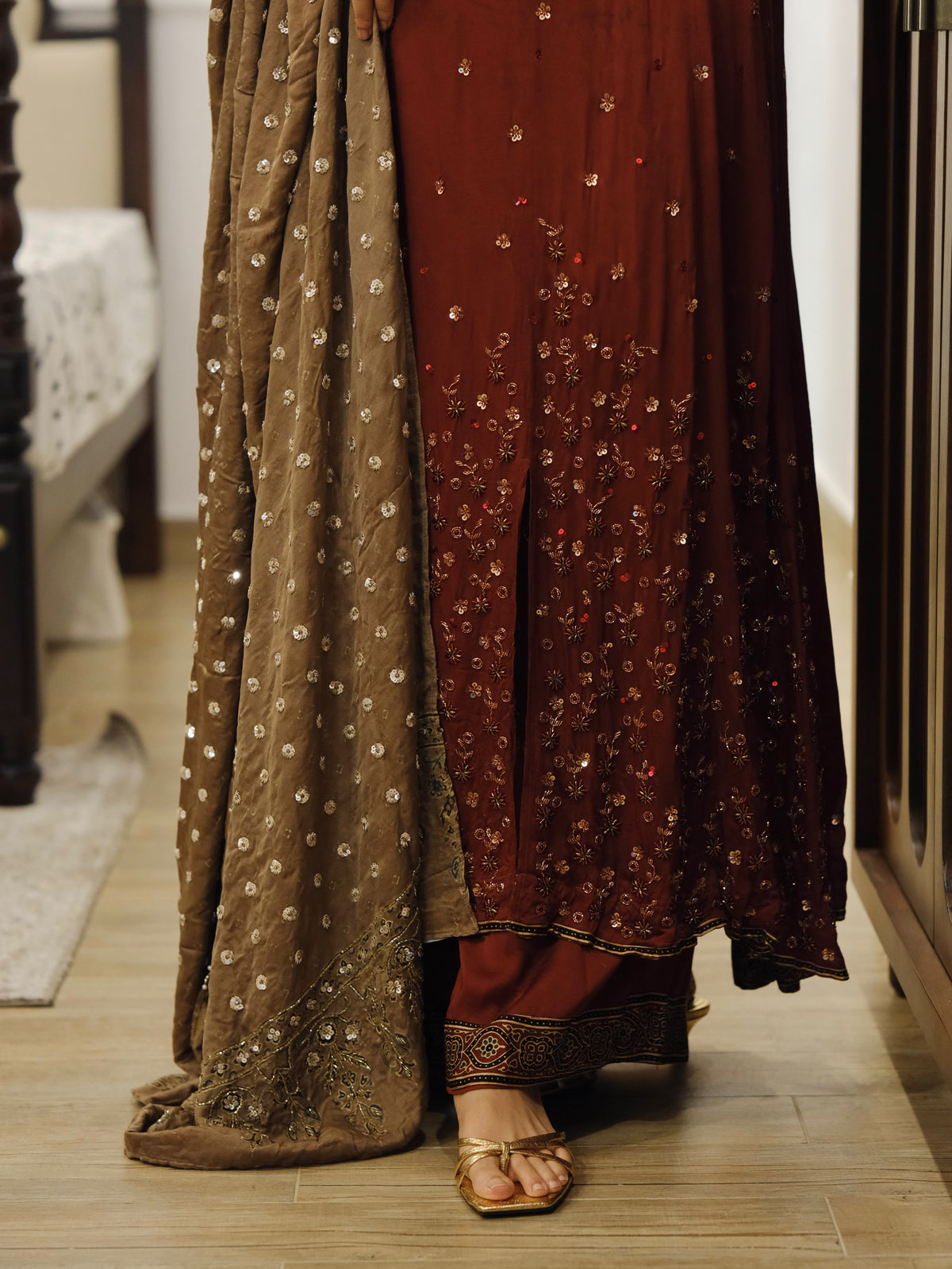 Ajrakh hand dyed hand block printed modal silk panel cut salwar set with cut bead handwork