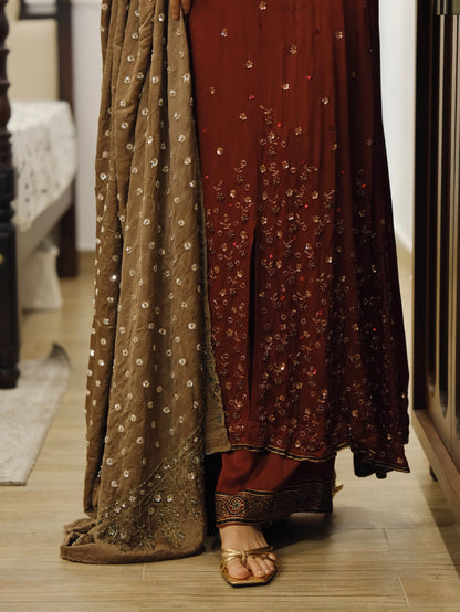 Ajrakh hand dyed hand block printed modal silk panel cut salwar set with cut bead handwork
