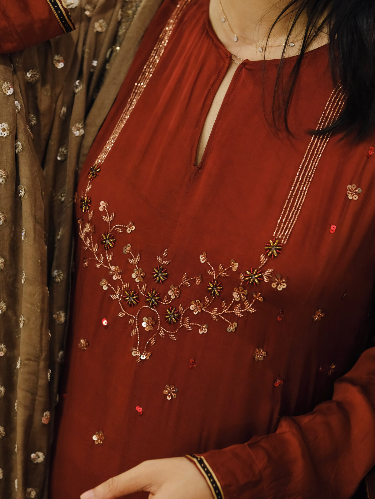 Ajrakh hand dyed hand block printed modal silk panel cut salwar set with cut bead handwork