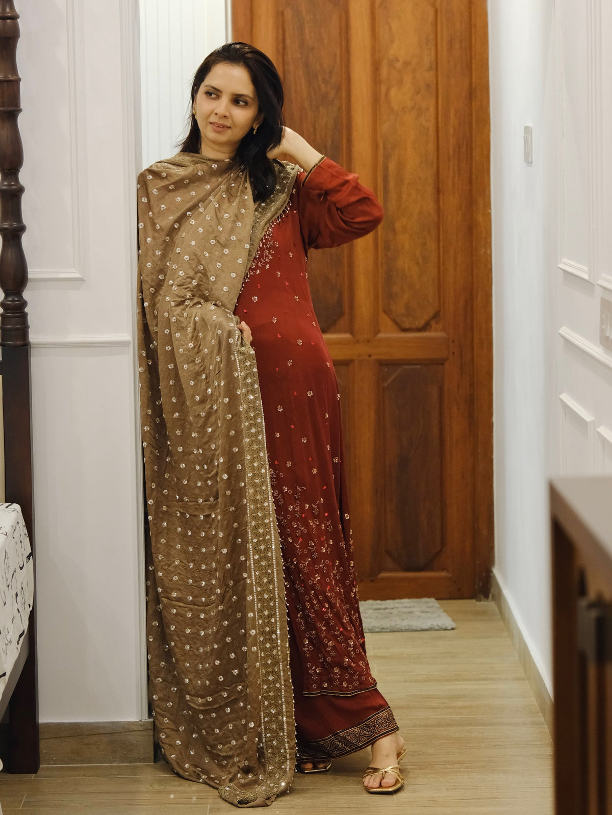 Ajrakh hand dyed hand block printed modal silk panel cut salwar set with cut bead handwork