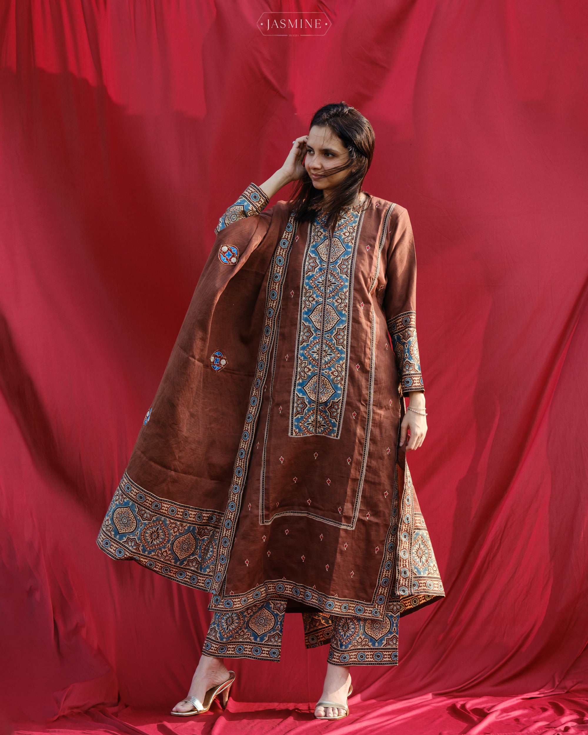 Ajrakh chanderi cotton straight cut salwar set with hand work