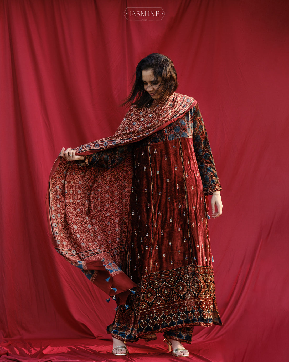 Ajrakh hand block printed velvet silk panel cut salwar set with cutbead handwork