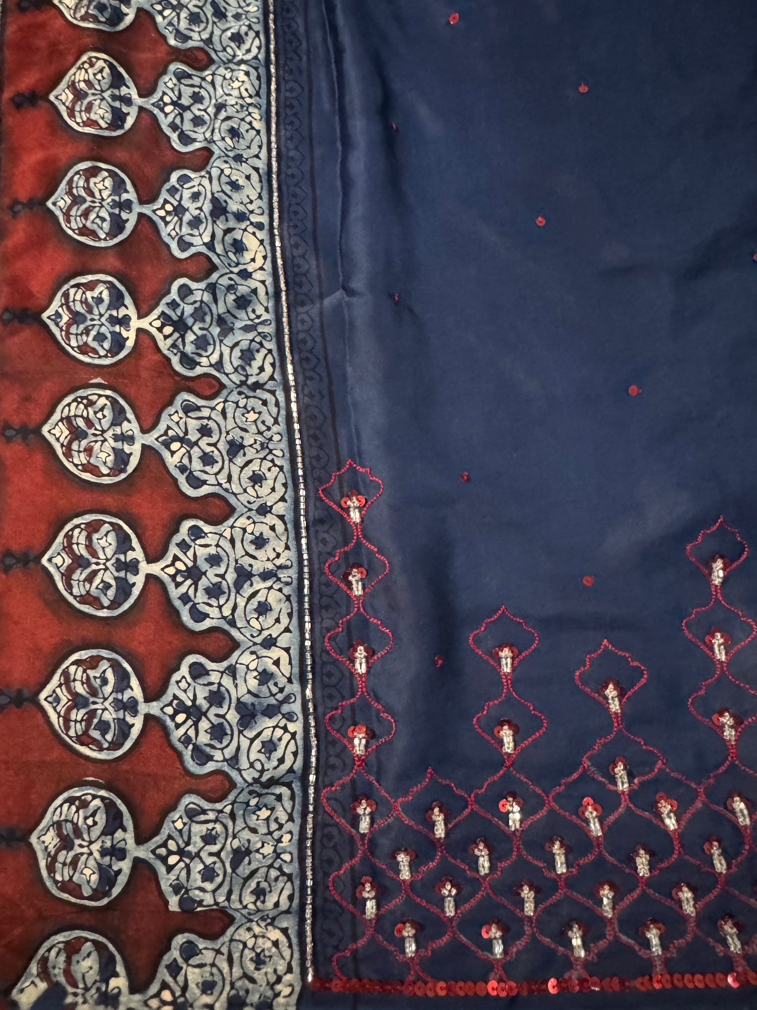 Ajrakh modal silk  hand dyed and hand block printed handworked saree with modal silk handworked dupatta