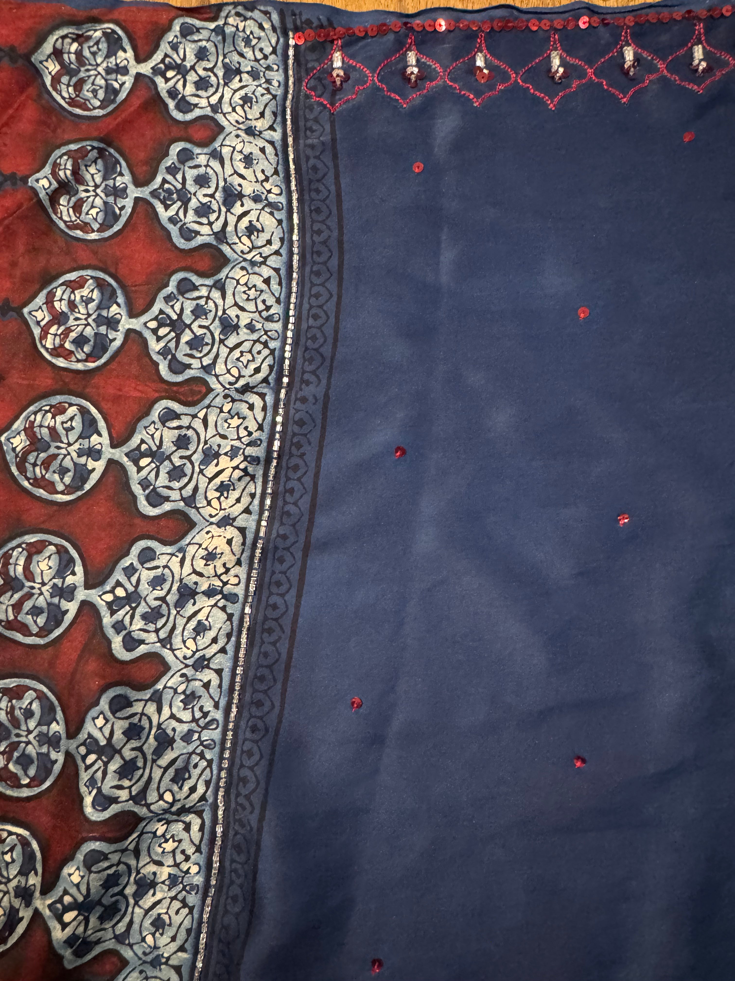 Ajrakh modal silk  hand dyed and hand block printed handworked saree with modal silk handworked dupatta