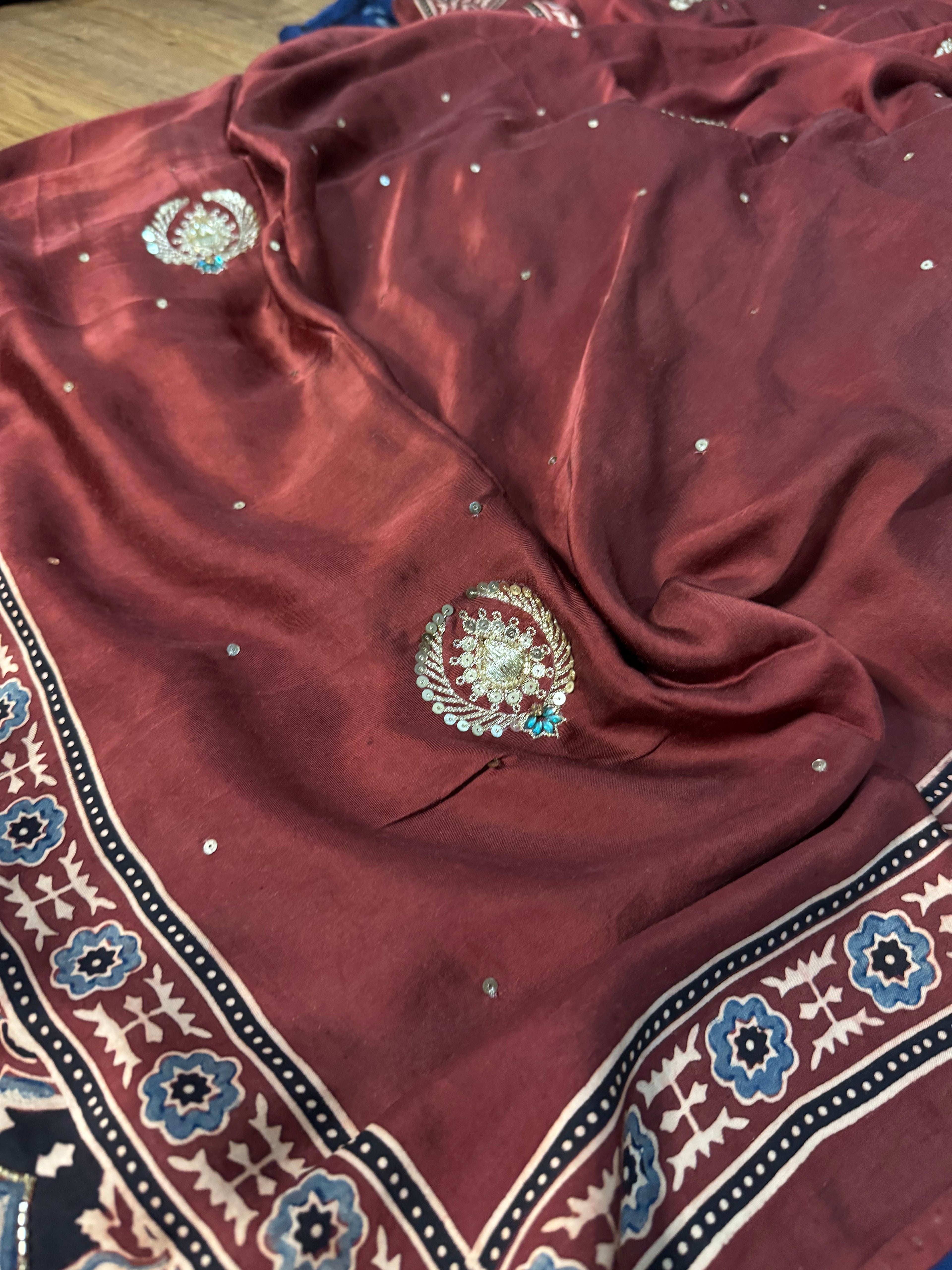 Ajrakh modal silk  hand dyed and hand block printed handworked saree with modal silk handworked dupatta