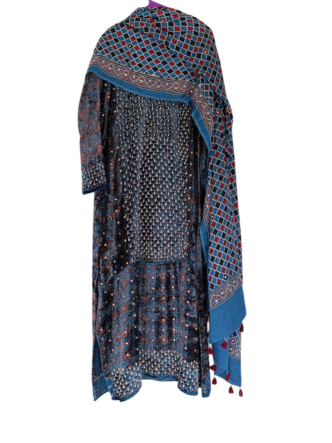 Ajrakh hand dyed hand block printed velvet silk panel cut salwar set with hand embroidry