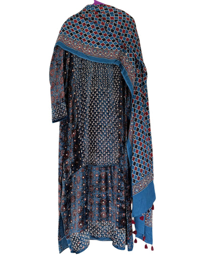 Ajrakh hand dyed hand block printed velvet silk panel cut salwar set with hand embroidry