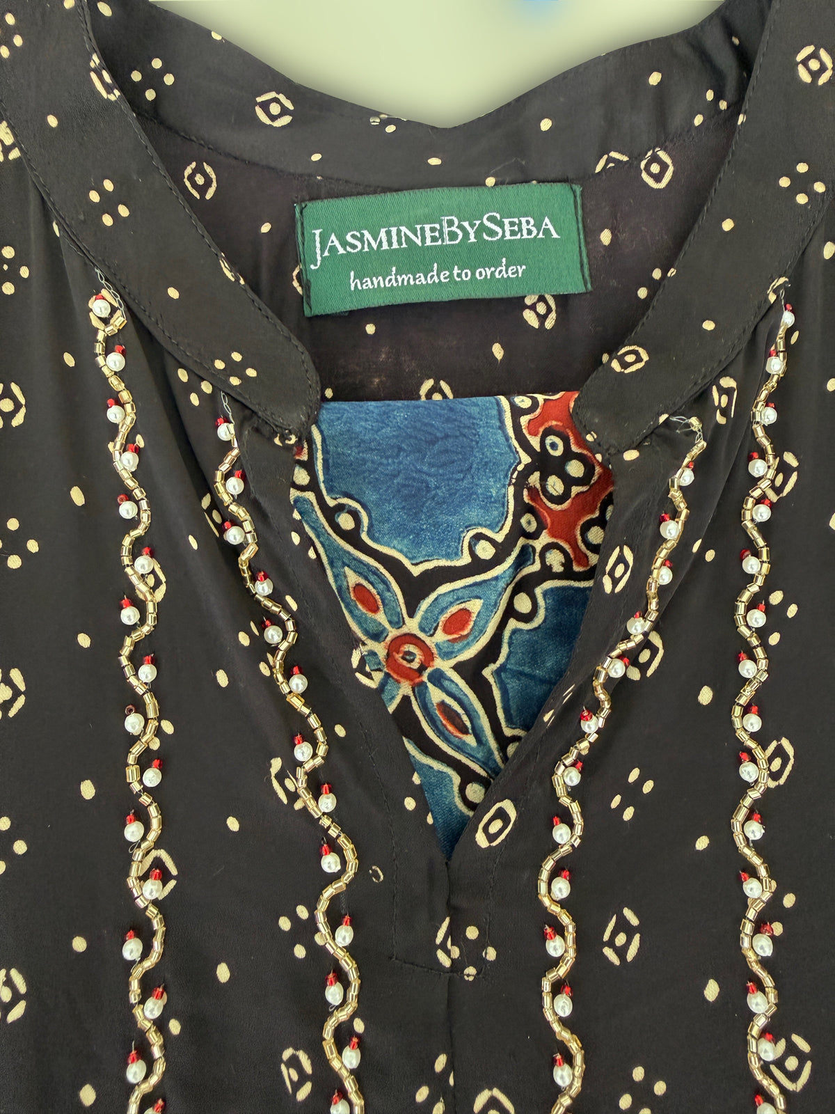 Bespoke ‘Jasmine’ hand block printed Ajrakh handcrafted modal silk panel cut salwar set with cut bead handwork