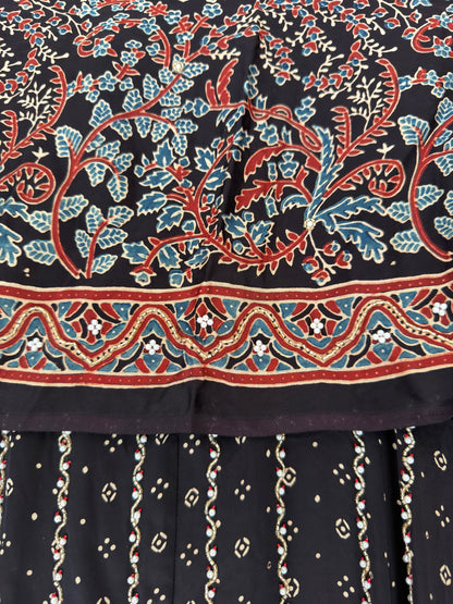 Bespoke ‘Jasmine’ hand block printed Ajrakh handcrafted modal silk panel cut salwar set with cut bead handwork