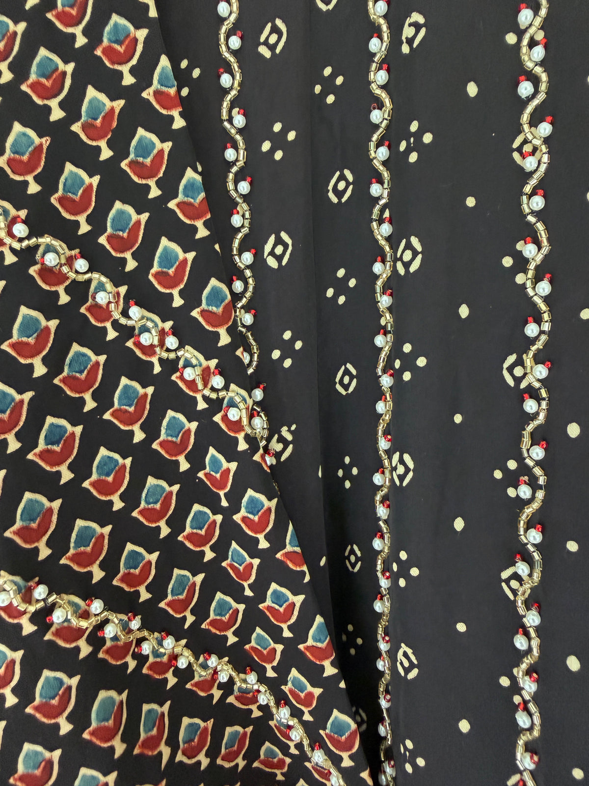 Bespoke ‘Jasmine’ hand block printed Ajrakh handcrafted modal silk panel cut salwar set with cut bead handwork