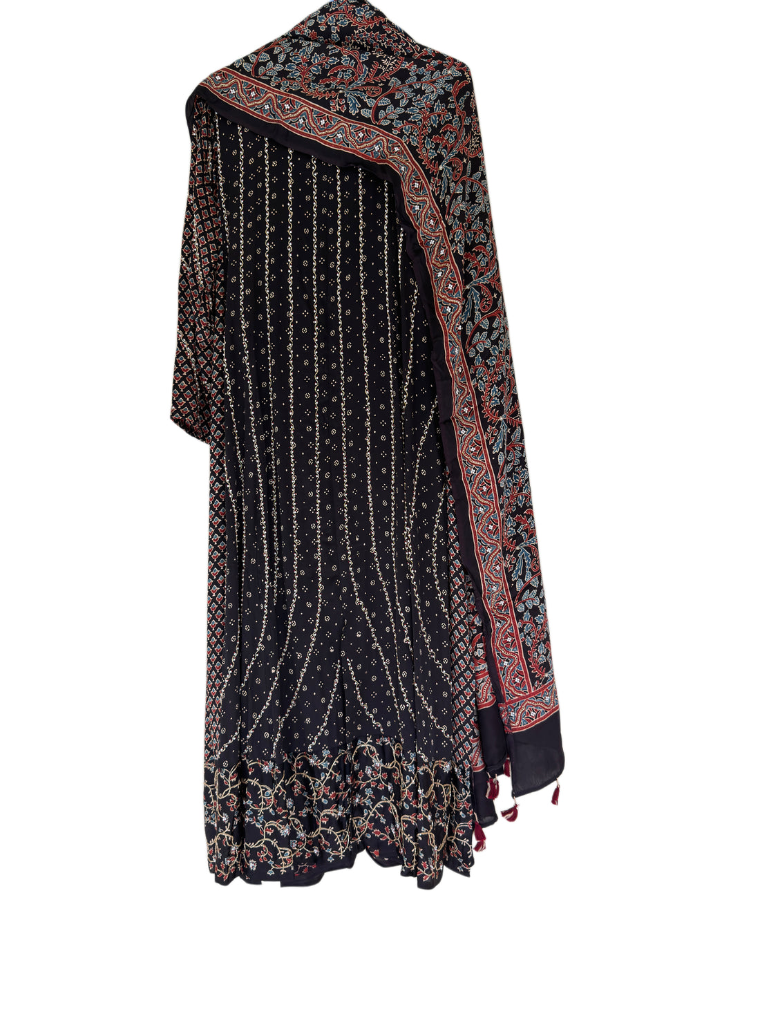 Bespoke ‘Jasmine’ hand block printed Ajrakh handcrafted modal silk panel cut salwar set with cut bead handwork