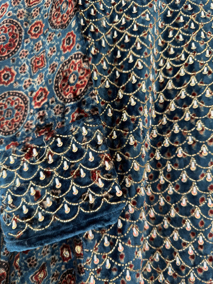 Ajrakh hand dyed hand block printed velvet silk panel cut salwar set with hand embroidry
