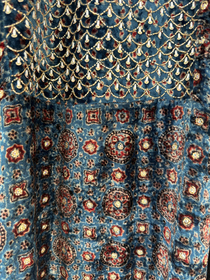 Ajrakh hand dyed hand block printed velvet silk panel cut salwar set with hand embroidry