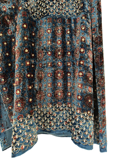 Ajrakh hand dyed hand block printed velvet silk panel cut salwar set with hand embroidry