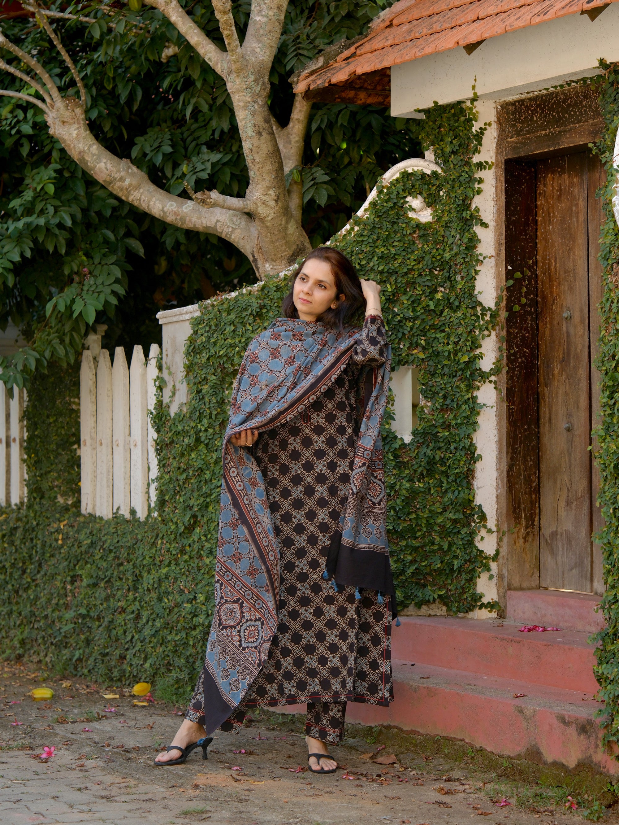 Ajrakh hand dyed and hand block printed premium cotton A line salwar set