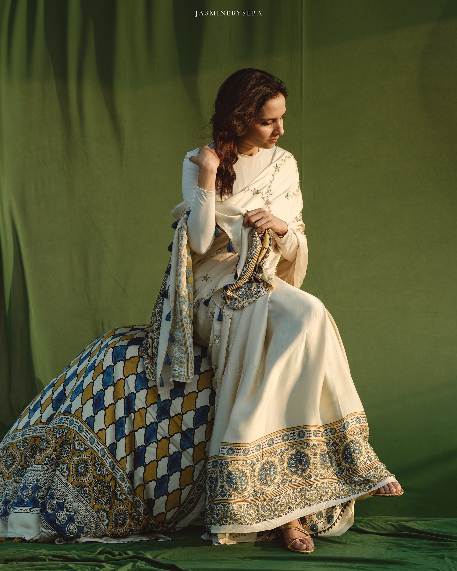 Ajrakh modal silk hand dyed, hand block printed and handworked saree
