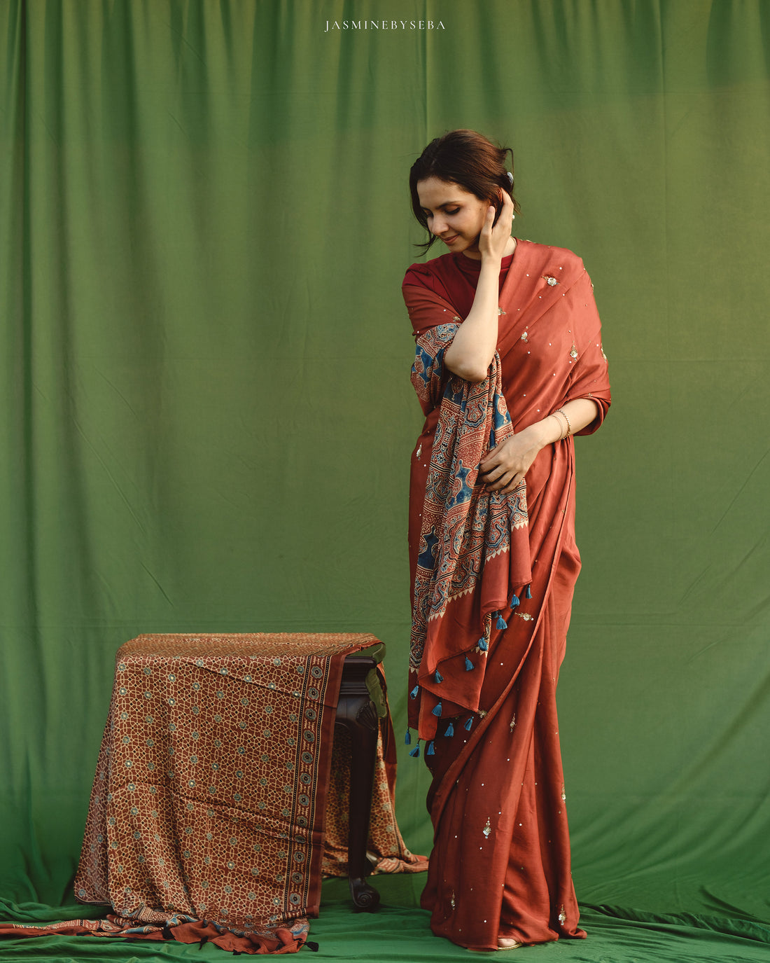 Ajrakh modal silk handworked saree with modal silk handworked dupatta