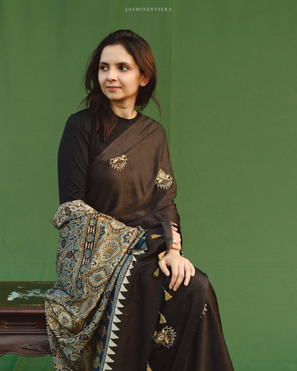 Ajrakh modal silk handworked saree with modal silk handworked dupatta