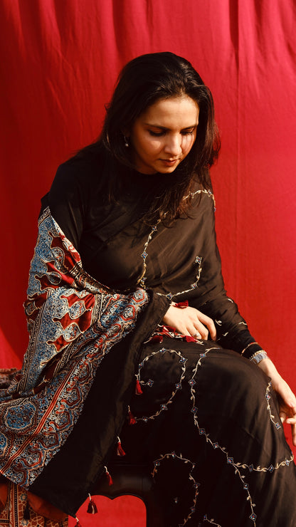 Ajrakh modal silk handworked saree with modal silk handworked dupatta