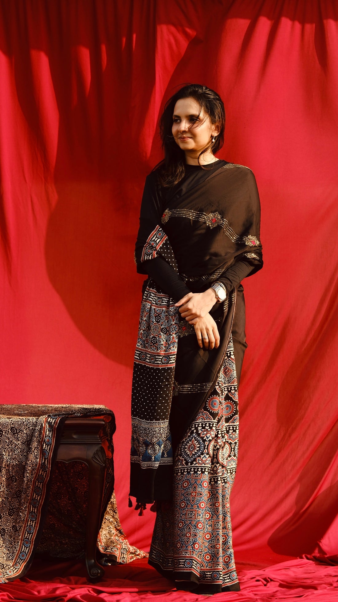 Ajrakh modal silk hand dyed, hand block printed and handworked saree with modal silk handworked dupatta