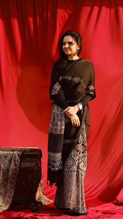 Ajrakh modal silk hand dyed, hand block printed and handworked saree with modal silk handworked dupatta