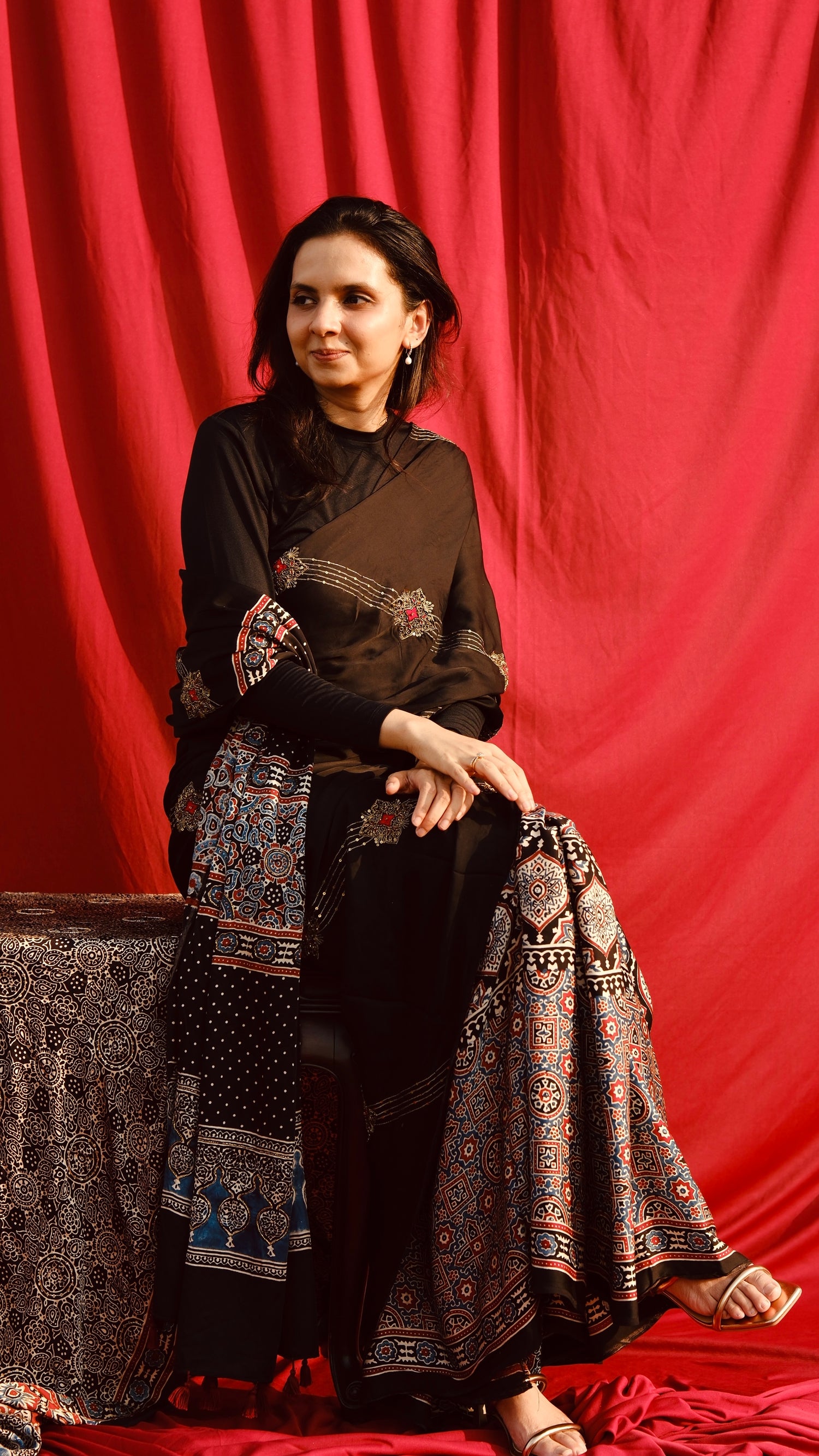 Ajrakh modal silk hand dyed, hand block printed and handworked saree with modal silk handworked dupatta