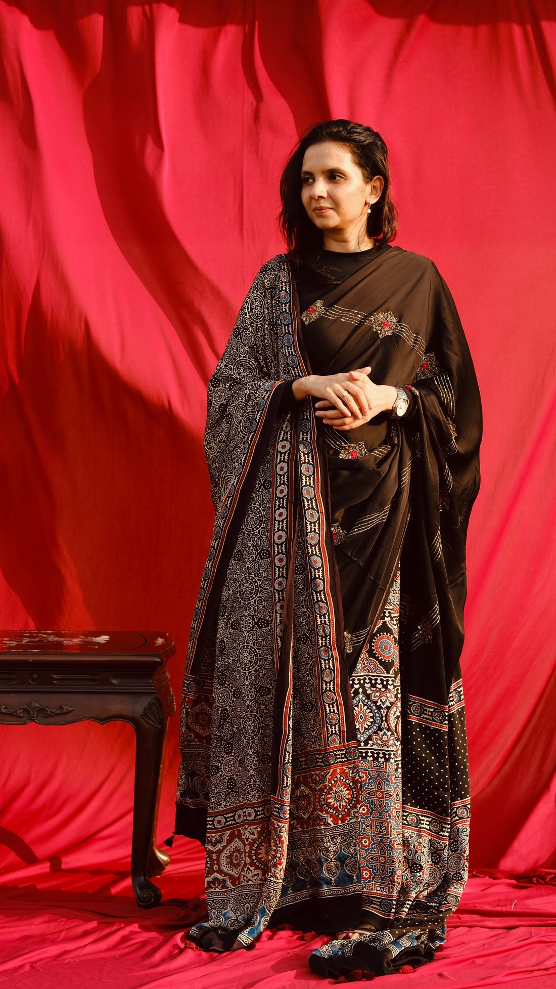 Ajrakh modal silk hand dyed, hand block printed and handworked saree with modal silk handworked dupatta