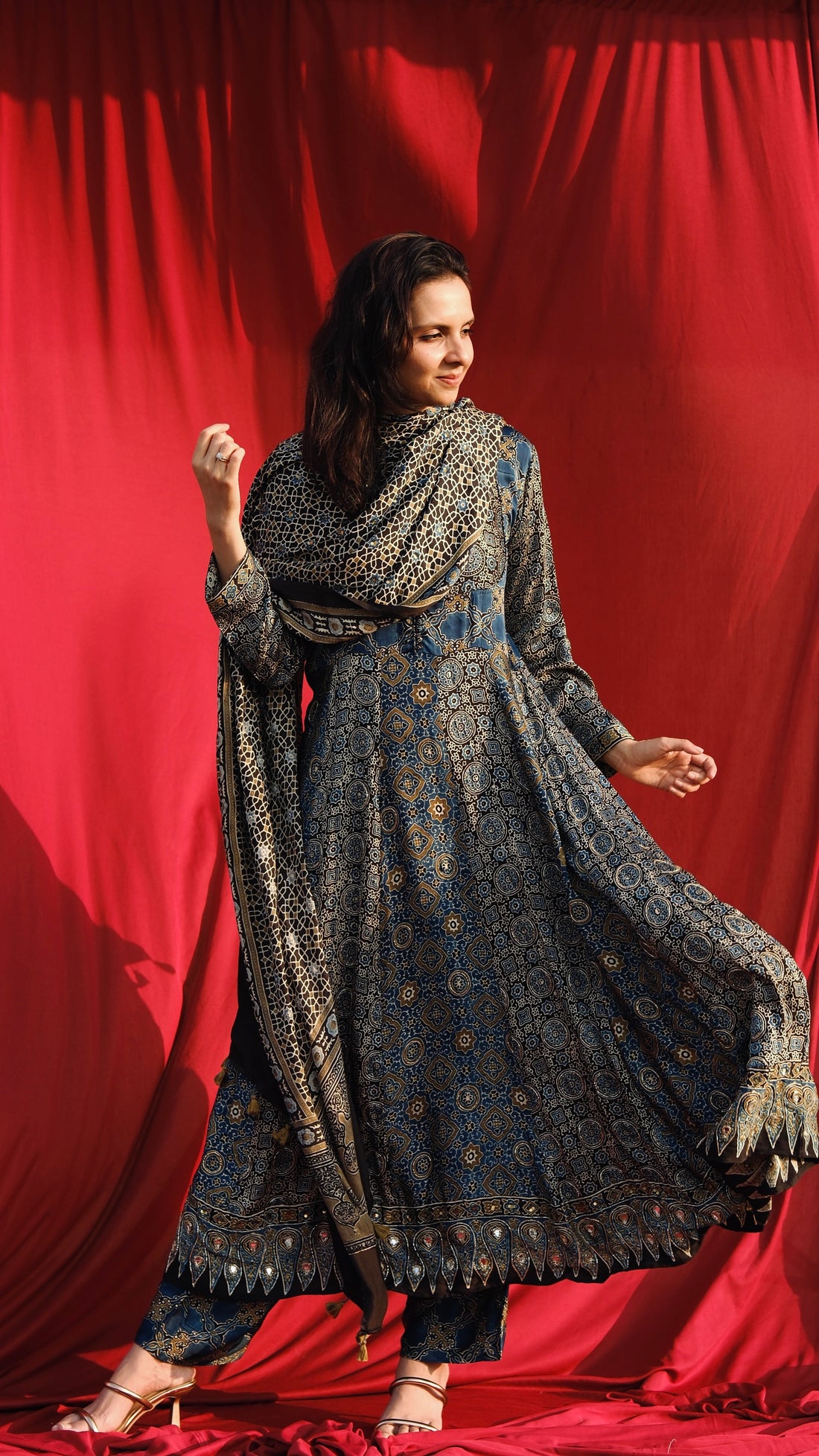 Ajrakh hand dyed hand block printed modal silk panel cut anarkali set with cut bead handwork