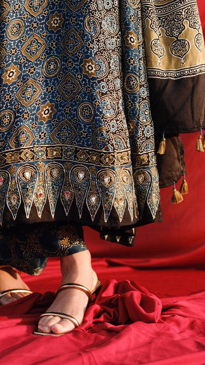 Ajrakh hand dyed hand block printed modal silk panel cut anarkali set with cut bead handwork