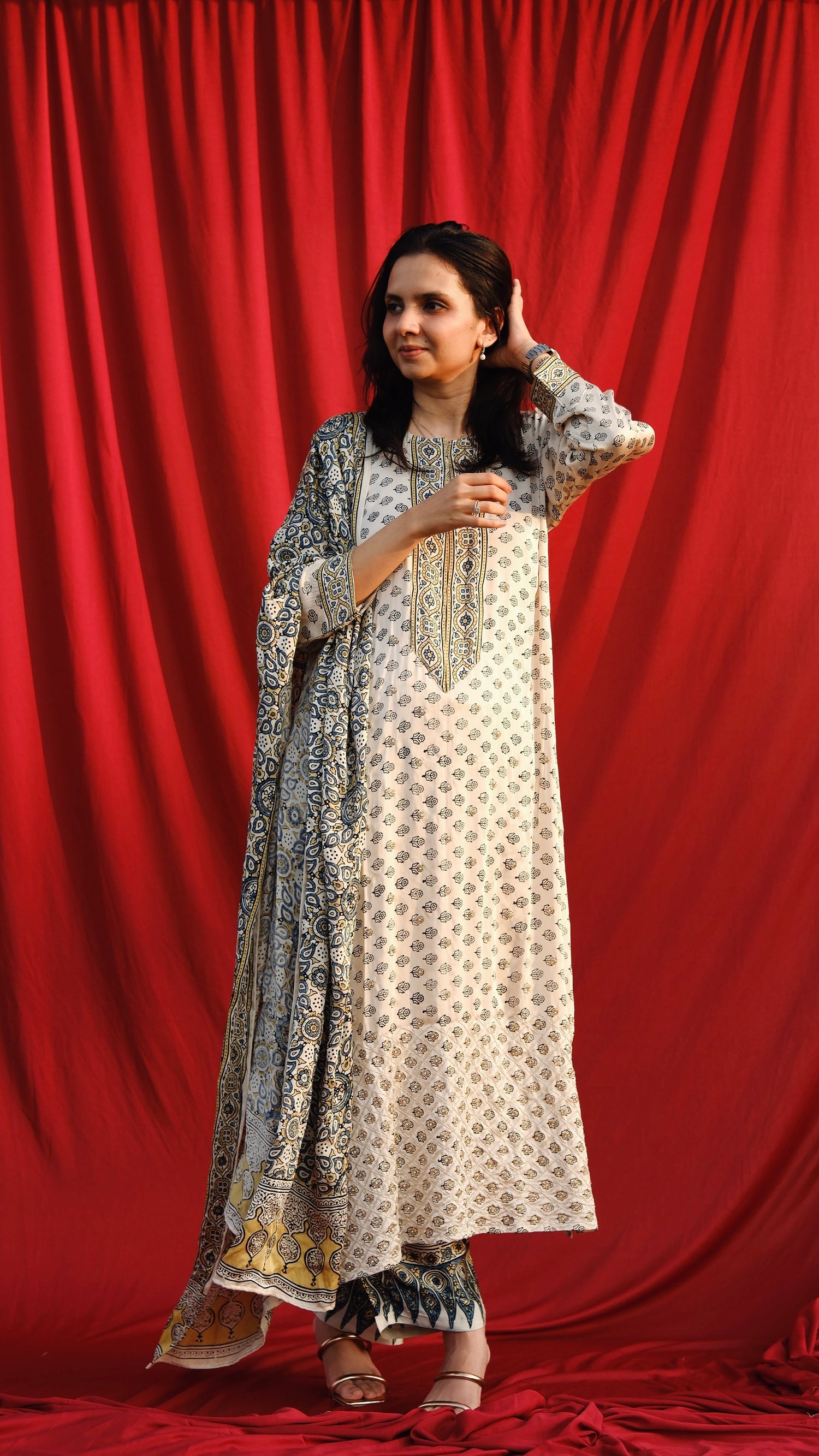 Ajrakh hand dyed hand block printed modal silk straight cut salwar set with cutbead handwork