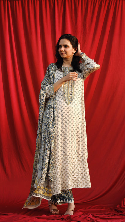 Ajrakh hand dyed hand block printed modal silk straight cut salwar set with cutbead handwork