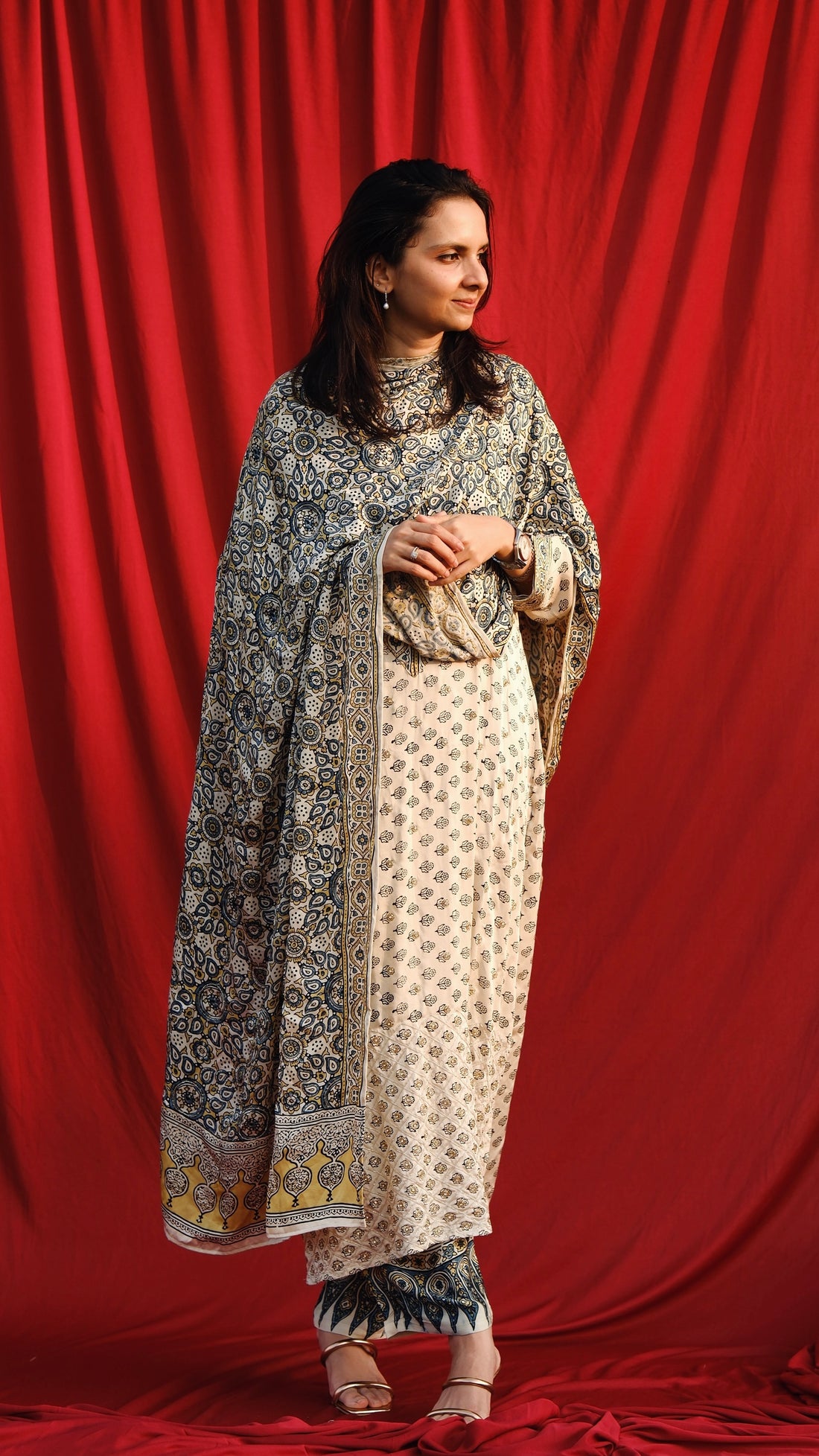 Ajrakh hand dyed hand block printed modal silk straight cut salwar set with cutbead handwork