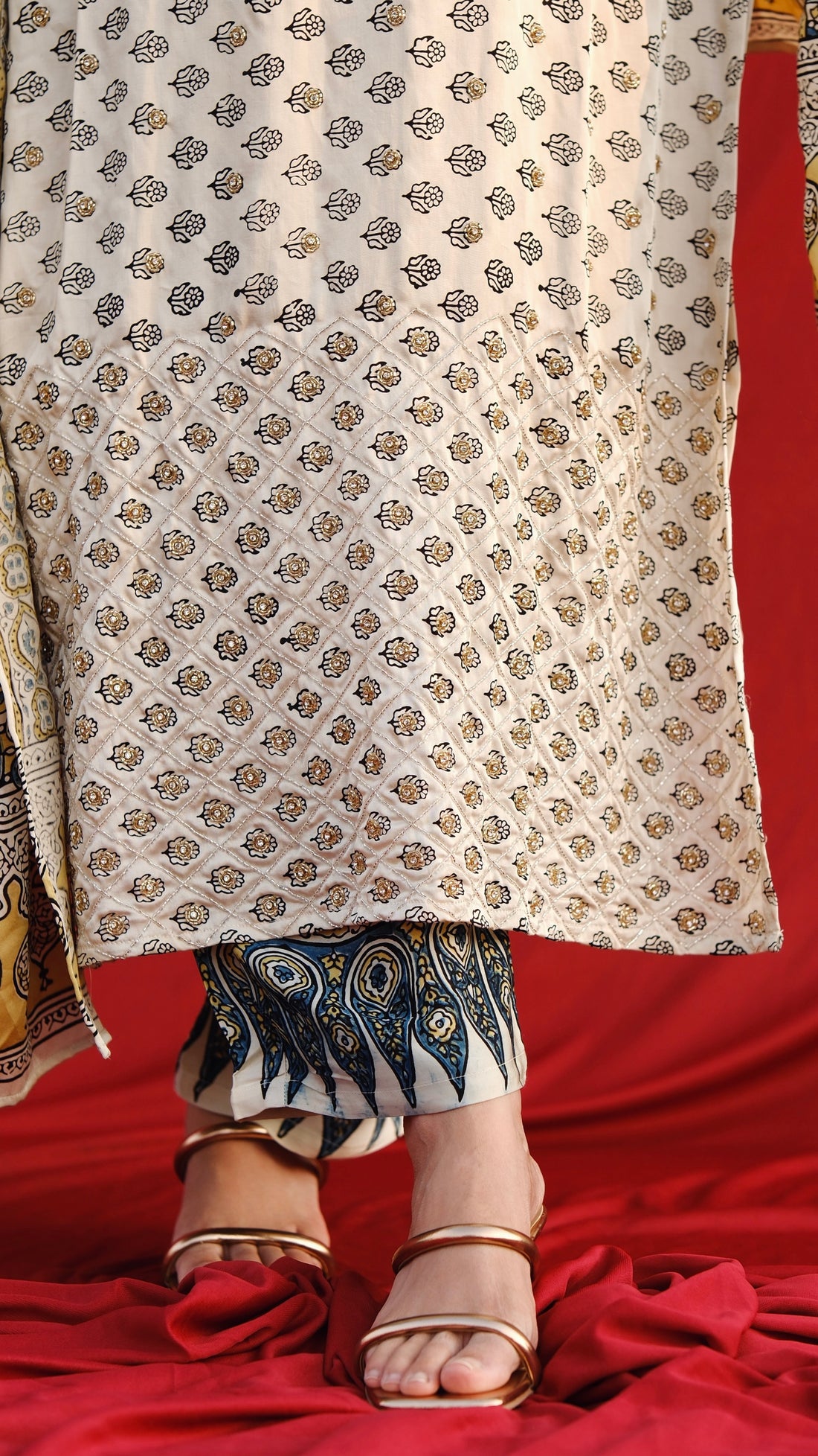 Ajrakh hand dyed hand block printed modal silk straight cut salwar set with cutbead handwork